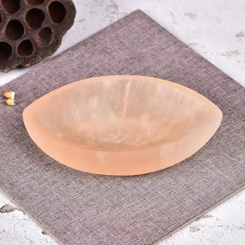 JIC Gem Cuenco de cristal de selenita naranja de 4 pulgadas con forma de hoja tallada a mano con cristales curativos marroquíes