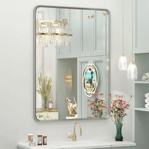 Vista 22 de OKPAL Espejo de Baño con Marco de Metal Negro de 40 x 36 Pulgadas para Pared, Espejo de Tocador de Baño Negro Mate, Espejo Rectangular Redondeado