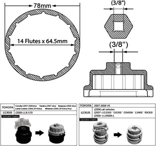 Vista 8 de 3mirrors herramienta de llave de tapa de filtro de aceite de aluminio de 64 mm compatible con Toyota Lexus Camry Corolla Highlander RAV4