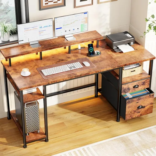 Vista 12 de Furologee Escritorio para juegos de 51 pulgadas con tomas de corriente y luces LED, escritorio reversible para computadora con archivador y soporte