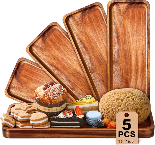 Vista 6 de Roowest Paquete de 5 bandejas de madera de acacia maciza para grabado láser, tablero rectangular de madera para aperitivos de alimentos, platos