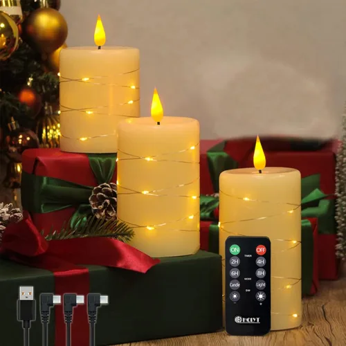 Vista 19 de Vela Recargable Sin Llama, Vela de Pilar LED Intermitente de Cera Real con Control Remoto y Temporizador, Velas Electrónicas Decorativas, 1 Juego