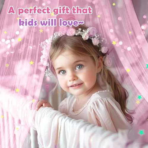 Vista 6 de Daksha Toldo de cama de princesa rosa para niñas con estrellas brillantes, tienda de campaña de techo para niños, se adapta a camas