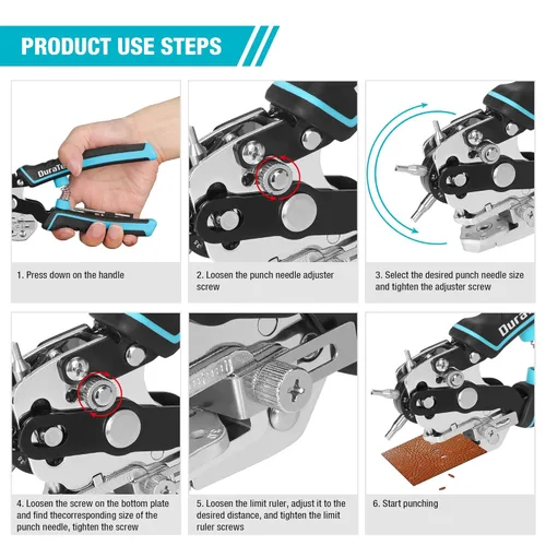 Vista 7 de DURATECH Perforadora de cuero, resistente con 6 agujeros sólidos para cinturones, correas de reloj, correas, collares de mascotas, sillones