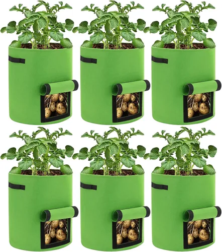 Paquete de 6 bolsas de cultivo de papas, bolsas de plantación de 10 galones, macetas grandes de tela con ventana de solapa, maceta de jardín Verde