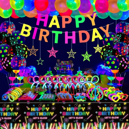 Paquete de 259 suministros para fiestas con temática brillante, decoración de fiesta de cumpleaños, globos, palos, gafas y diadema