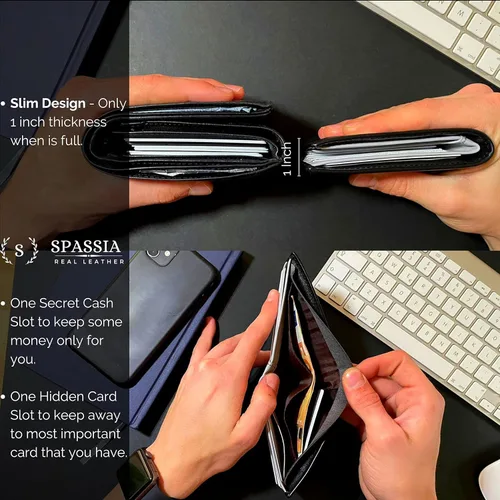 Vista 5 de Spassia Primero diseño delgado y plegable protección RFID cartera de cuero de grano completo Spatial Black Classic