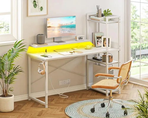 Vista 9 de ODK Escritorio reversible para juegos con enchufes de energía y luces LED, escritorio de computadora de 48 pulgadas con estantes de almacenamiento