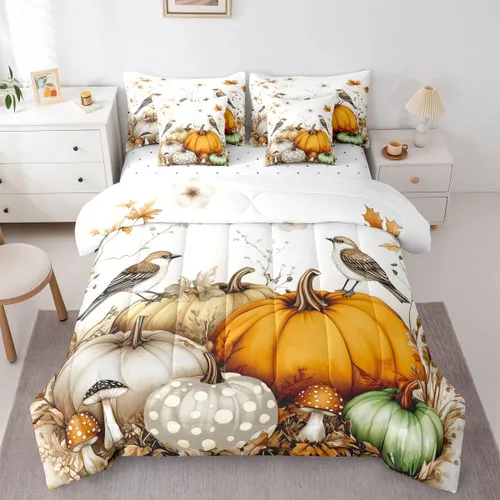 Vista 39 de Feelyou Fall Pumpkin Comforter Set with Sheets 7 Piece Twin Size Autumn Bed in a Bag Kids Boys Girls Pumpkin Maple Leaf Bedding Set Hummingbird Beig