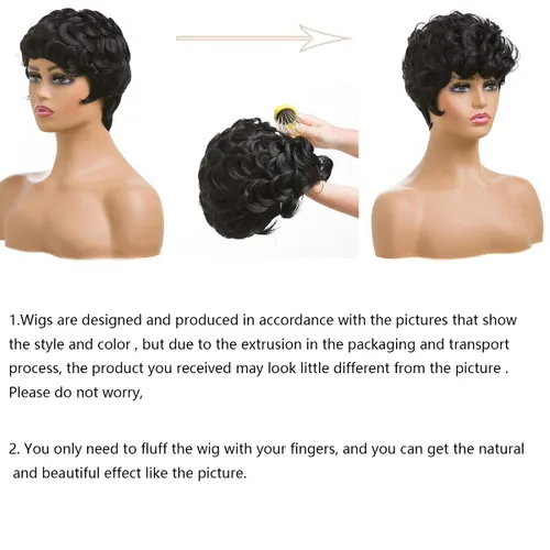 Vista 3 de Pelucas cortas de corte Pixie negro natural para mujeres negras, pelucas de cabello rizado de repuesto, peluca corta negra en capas con flequillo