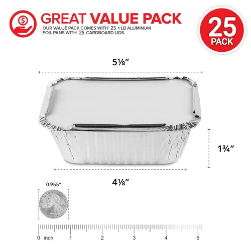 Vista 2 de Stock Your Home Utensilios de cocina desechables de aluminio de 1 libra con tapas (paquete de 25) – Sartenes de aluminio con tapas de cartón