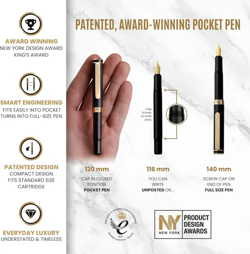 Vista 4 de Scriveiner Pluma Estilográfica EDC de Lujo (Mediana), Impresionante Pluma de Bolsillo Negra de Lujo, Chapado en Oro Real, Plumín Dorado Schmidt