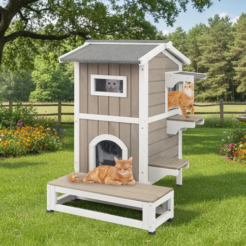 Vista 9 de Casa para gatos al aire libre resistente a la intemperie, casa de madera para gatos de dos pisos con techo que se puede abrir, 4 puertas, balcón