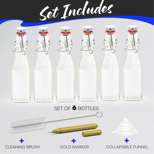Vista 8 de Nevlers Botellas de vidrio cuadradas de 8.5 onzas con tapones, botella de vidrio abatible con tapa, paquete de 6 unidades, juego de botellas