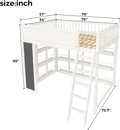 Vista 3 de SOFTSEA Twin Size Loft Bed with LED Lights & Storage Shelves, Antique White