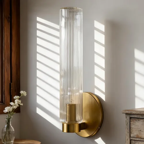 Fluted Textural Glass Wall Sconce, Modern Indoor Vanity Light, Glass Tube Wall Light Fixture with Metallic Finish, Wall Light fixtures for Bathroom,