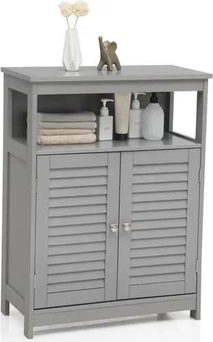 Vista 10 de GLACER Armario de suelo de baño, gabinete de almacenamiento de madera con puertas dobles con persiana doble y estante ajustable de 3 posiciones