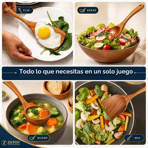 Vista 7 de Juego de utensilios de madera de teca extra grandes de 4 piezas, espátula de madera antiadherente para cocinar, cuchara espumadera y cuchara