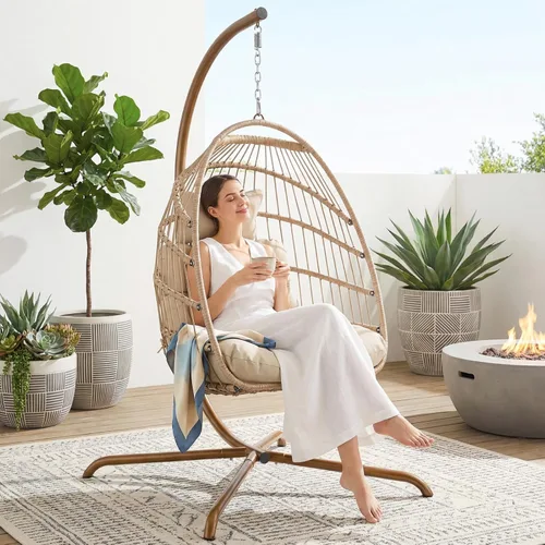 Vista 16 de Hamaca colgante de mimbre, para interiores y exteriores, en forma de huevo, con almohadones resistentes a los rayos UV y estructura de aluminio
