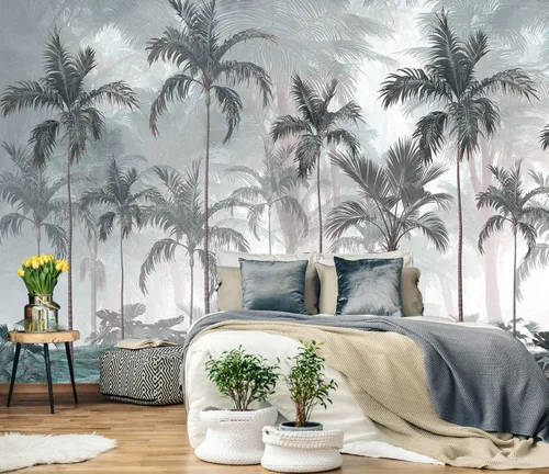 Papel tapiz de bosque tropical con mural de pared de palmeras para dormitorio, sala de estar (no autoadhesivo)