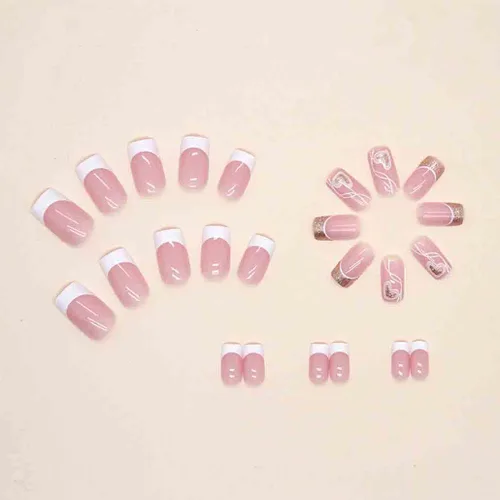 Vista 3 de Foccna Uñas postizas a presión con punta francesa, uñas postizas medianas con diseño de amor, cuadradas, brillantes, color blanco brillante