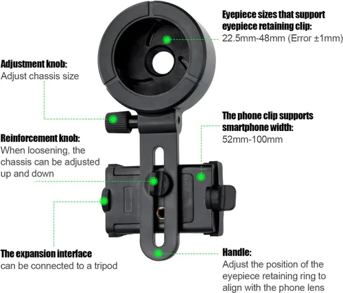 Vista 2 de PEUTIER Soporte universal para telescopio para smartphone, soporte para telescopio a través de binoculares, monoculares, telescopios de observación
