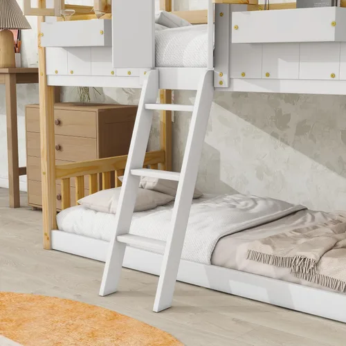 Vista 191 de Cama de casa de tamaño individual con elegantes ventanas y estantería, litera con diseño de castillo de madera con barandillas de seguridad