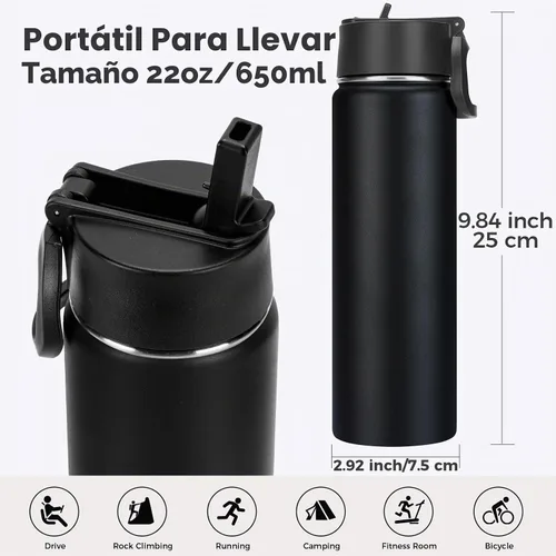 Vista 3 de Neihepal Botellas de agua aisladas de 22 onzas con tapa con popote a prueba de fugas, botella de agua de acero inoxidable de doble pared de boca