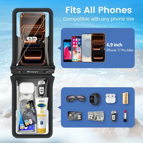 Vista 3 de Niveaya Bolsa impermeable para teléfono con doble espacio - 2 unidades, funda impermeable con cordón para iPhone 16/15/14/13/12 Pro Max hasta 8.3