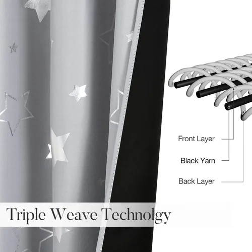 Vista 3 de WUBODTI Cortinas grises 100% opacas con diseño de estrellas para habitación de niños, 45 pulgadas de largo, juego de 2 paneles de cortinas