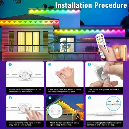 Vista 8 de Luces Permanentes para Exteriores, Luces de Cadena para Exteriores de 200 pies RGB Inteligentes con 72 Modos de Escena, Luces de Vacaciones