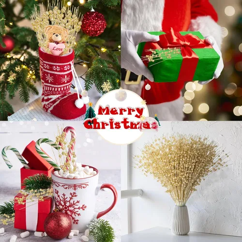 Vista 6 de WILLBOND 100 ramos de flores doradas, adornos de tallo de bayas de Navidad con purpurina, palitos decorativos artificiales, ramas doradas