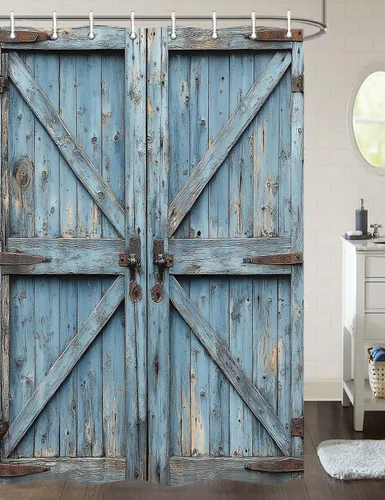 Vista 26 de JAWO Cortina de ducha rústica para puerta de granero, estilo occidental, para baño, tablero de madera marrón, tela impermeable de poliéster