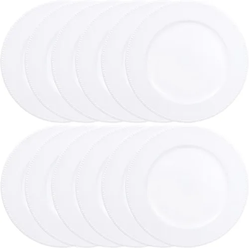 Vista 8 de Juego de 12 platos de carga dorados con cuentas. Cargadores de mesa de plástico reutilizables de 13 pulgadas para platos llanos