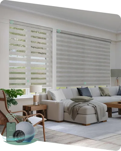 Vista 25 de Yoolax Persianas motorizadas de cebra compatibles con Alexa, persianas inteligentes de doble capa con control de luz de privacidad, persianas