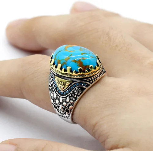 Vista 2 de Retro Natural Turquoise Ring for Men, 925 Sterling Silver Oval Sky Blue Stone Statement Ring,Turkish Vintage Engraving Design Handmade