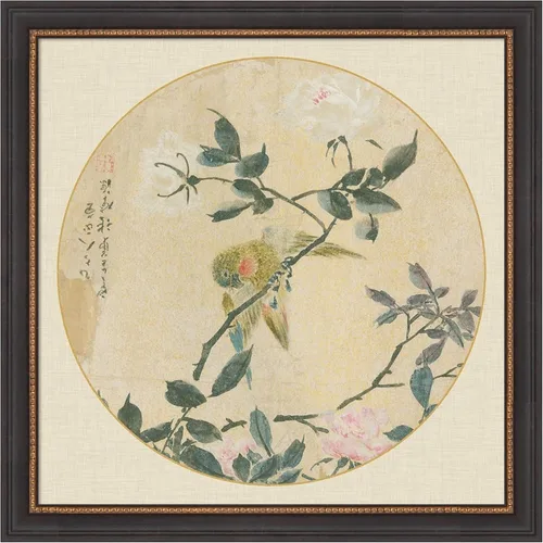 Amanti Art Framed Wall Art Print 23x23 Oriental Bird Silk I, Animals Wall Art, Vintage Decor, Medium Poster Painting Artwork for Living Room,