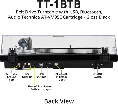 Vista 2 de TT-1BTW - Tocadiscos de transmisión por correa con USB, Bluetooth y cartucho AT-VM95E actualizado, reproduce discos de vinilo de 33-1/3 y 45 RPM