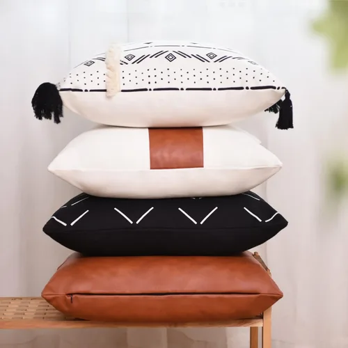 Vista 2 de Tosewever Juego de 4 fundas de almohada geométricas bohemias de 18 x 18 pulgadas, fundas de almohada de algodón de piel sintética a rayas modernas