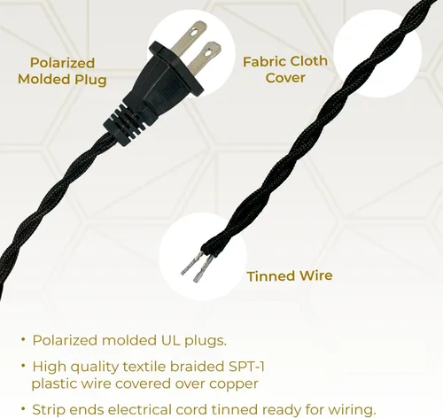 Vista 2 de Royal Designs, Inc. Cable de lámpara de rayón trenzado de 8 pies con enchufe NEMA-15P, interruptor de encendido/apagado, extremos pelados listos