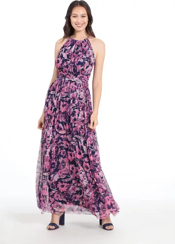 Vista 3 de London Times Vestido largo halter de malla para mujer con cintura fruncida, vestidos de playa bohemios