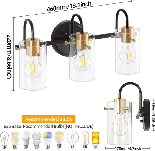 Vista 7 de Lámpara de tocador de baño de 3 luces, accesorios de pared de baño negros y dorados con pantalla de vidrio transparente, apliques de pared modernos