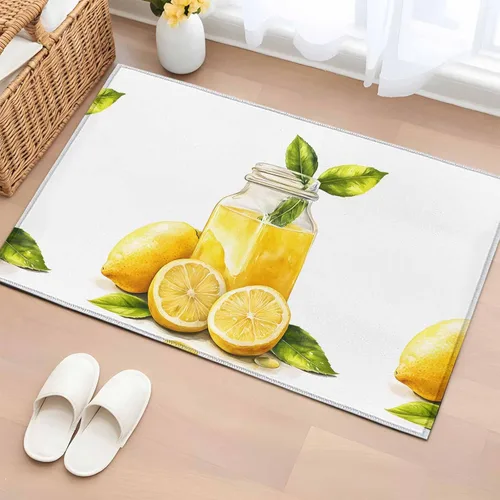 Bathroom Rugs 2x3 Ft, Summer Lemon Non Slip Area Rugs for Kitchen Bedroom Entryway, Yellow Watercolor Pastel Country Retro Washable Carpet Runner