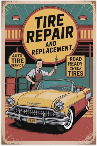 Tire Repair And Replacement Poster Vintage Auto Tire Service Retro Car Wall Art for Garage Auto Shop And Cafe Canvas Posters Unframe-style