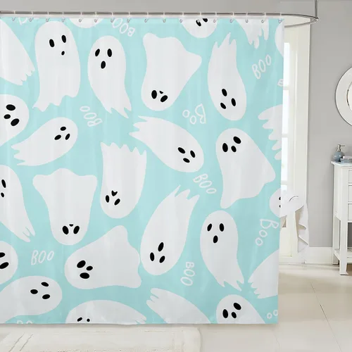 Vista 35 de Happy Halloween Shower Curtain,Bowknot Snowflake Pattern Bathroom Curtains,Sweet Ghost Holiday Theme Waterproof Bath Curtain,Black Bathroom Curtains