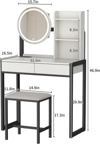 Vista 6 de Mesa de tocador pequeña con espejo y luces, mesa de tocador de maquillaje con espejo LED, 3 modos de iluminación, toma de corriente, cajón, estantes