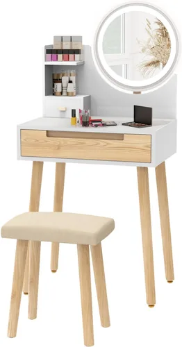 Vista 23 de ARTETHYS Pequeño escritorio de tocador con espejo deslizante y luces, juego de tocadores de maquillaje blancos con cajones, tocador compacto