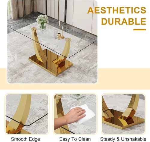 Vista 4 de Juego de mesa de comedor de cristal para 6, juego de mesa de cocina moderno para 6, mesa de vidrio templado de 71 pulgadas con base dorada