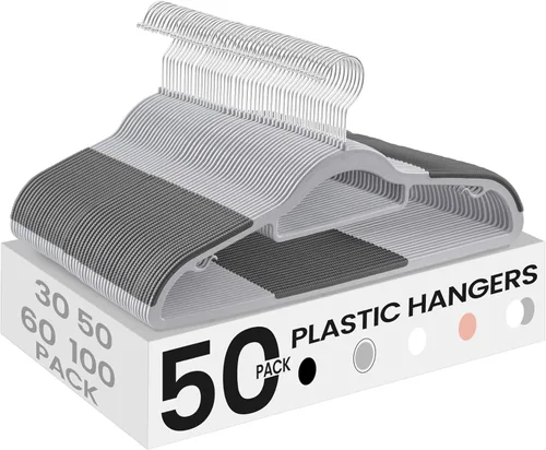Vista 13 de SONGMICS Paquete de 30 perchas de plástico que ahorran espacio, antideslizantes, 0.2 pulgadas de delgado, 16.5 pulgadas de ancho, gancho plateado