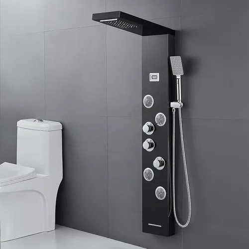 Vista 2 de MENATT Sistema de torre de paneles de ducha LED, sistema de panel de ducha de baño de acero inoxidable SUS304 con 4 chorros de cuerpo, lluvia, Negro